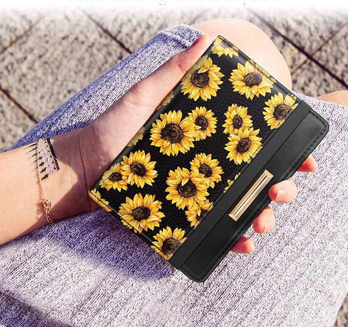 Coco Rossi Women's Black Floral Sunflower Passport Wallet Cover with RFID Blocking, 7 Compartments, 4 Card Slots, Magnetic Closure