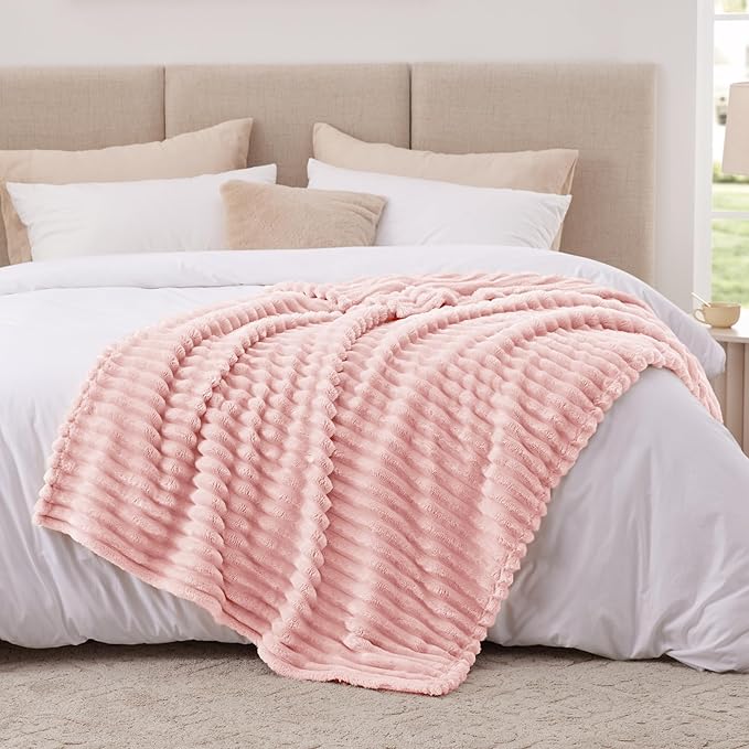 EXQ Home Fleece Blanket Twin Size for Couch or Bed - 3D Stripe Jacquard Decorative Blankets - Cozy Soft Lightweight Fuzzy Flannel Blanket Suitable for All Seasons(60"×80",Pink)