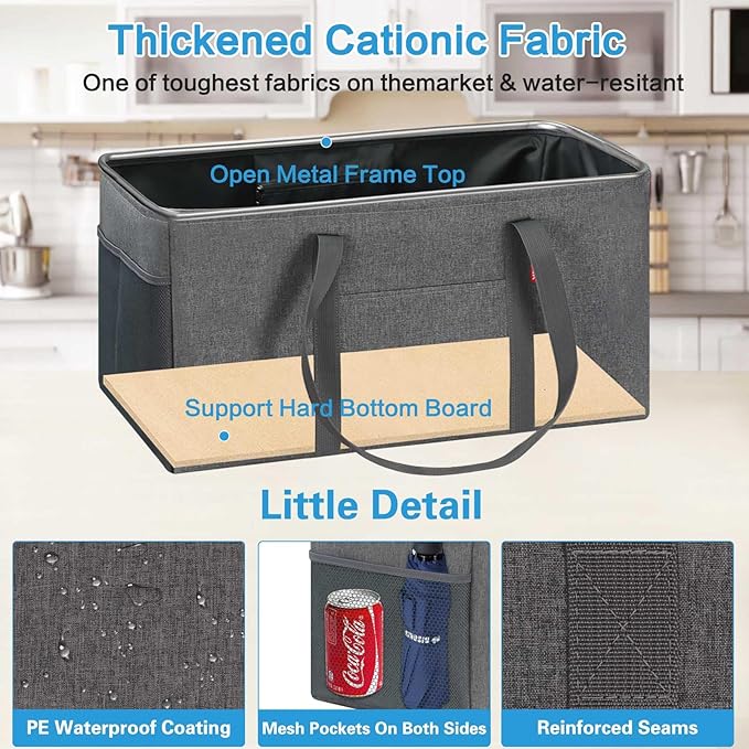 LHZK Standing Extra Large Utility Tote Bag with Metal Wire Frame and the Sides Rinforced, Extra Large Tote Bag with Handle, Reusable Grocery Bags Foldable, Beach Bag, Car Tote (Gray, 26''x15''x13'')