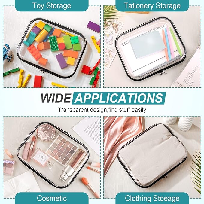 Sanwuta 6 Pcs Clear Hard Zipper Case Plastic Zipper Pouches Transparent Makeup Bag Pencil Case Pouches Toiletry Diaper Bag for Travel Toy Storage Organizer Bins(Black,9.84 x 7.87 x 2 Inch)