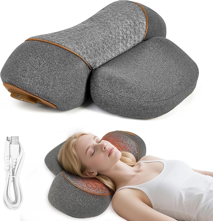 3-in-1 Neck Massager Pillow with Heating & Cervical Traction, Ergonomic Cervical Pillow for Neck Back Shoulder Pain Relief,Cervical Traction Suppor, Mathers Day Gifts (Gray)