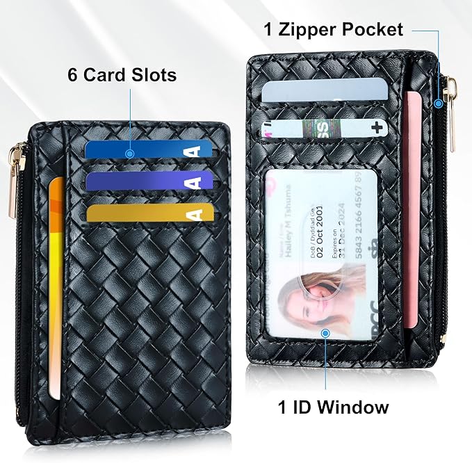 Tipmile Credit Card Holder for Women Slim Minimalist Front Pocket RFID Blocking Wallet Small Compact Card Case with ID Window, Woven Black