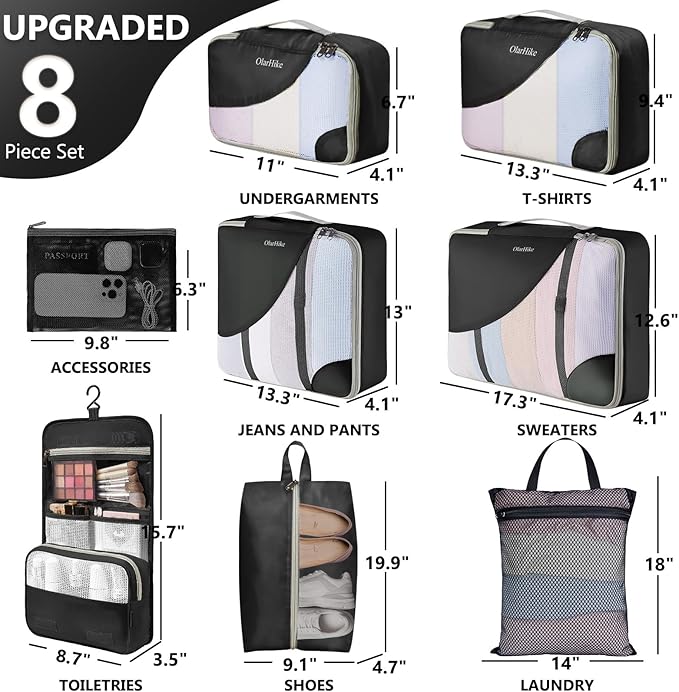 8 Set Packing Cubes for Travel, Gifts for Women Mom,Anti-Tearing Suitcase Organizer for Luggage with Shoe & Hanging Toiletry Bag,OlarHike Vacation Essentials & Accessories for Cruise Ship