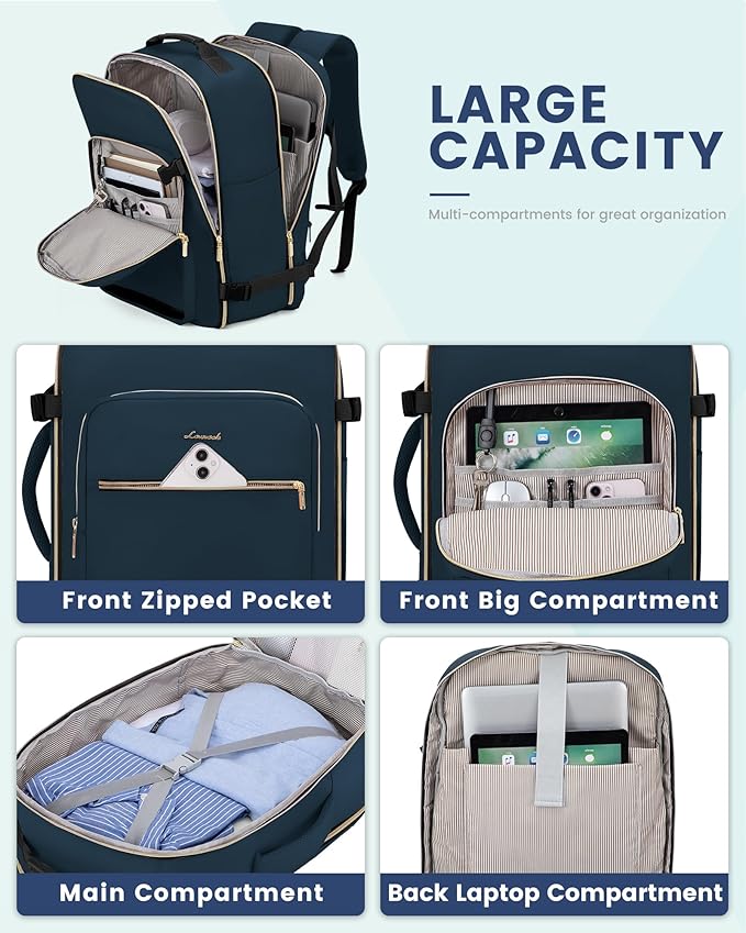 LOVEVOOK Travel Backpack for Women & Men 40L,Airline Approved Carry On Backpack Travel Essentials,TSA Carry on Luggage,Waterproof Personal Item Travel Bag,Suitcase with 3 Cubes,Dark blue green-Black