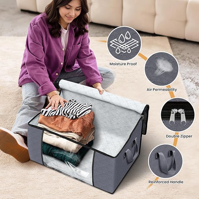 Fab totes Storage Bags,Clothes Blanket Storage Bins Foldable Closet Organizers with Reinforced Handle for Home Dorm Storage and Organization,Fabric Bags for Organizing Sheets,Clothing (Grey,10 Pack)