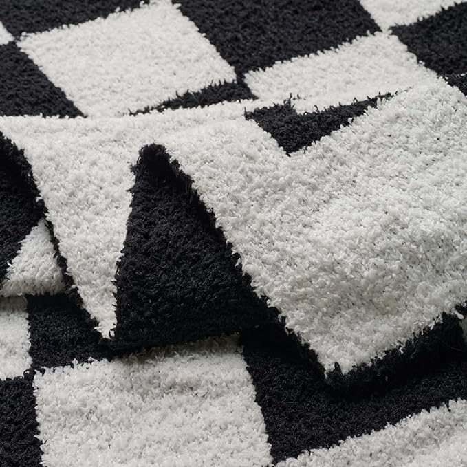 Checkered Throw Blanket, Black Soft Cozy Fluffy Knitted Throw Blankets for Couch, Sofa, Bed, Chair, Warm Fuzzy Travel Picnic Lightweight Plaid Blanket, 50x70 inches