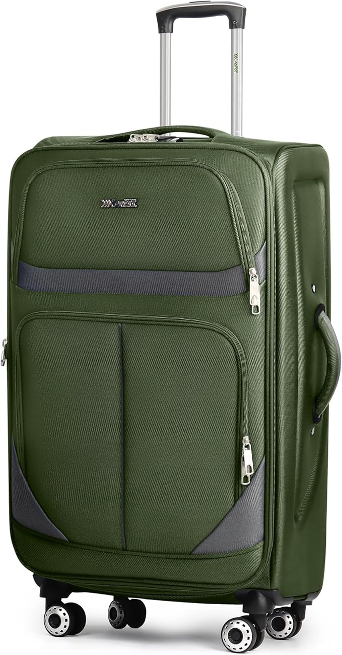 28" Large Softside Expandable 15% Checked Luggage with Double Spinner Wheels LOCK,Lightweight Travel Suitcase for Men/Women（Green-Grey,28in）