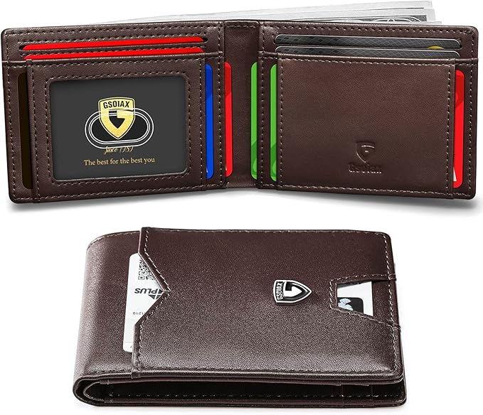 GSOIAX Slim Wallet for Men Rfid Blocking Leather Bifold Front Pocket Carbon Fiber Credit Card Holder Novelty Wallets With Gift Box (Leather Coffee)