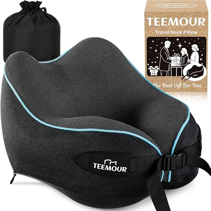 Teemour Neck Pillow for Traveling, Travel Neck Pillow for Airplane Memory Foam Travel Pillow for Flight Headrest Sleep with 360° Support Portable, Travel Essentials Design for Airplane, Car & Office
