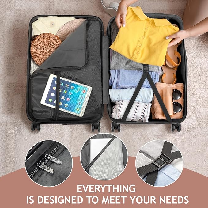 Karl home Luggage Sets 3 Piece, Hardside Carry on Suitcase Sets with Spinner Wheels & TSA lock, Portable Lightweight ABS Luggages for Travel, Business - Light Pink, 20/24/28in