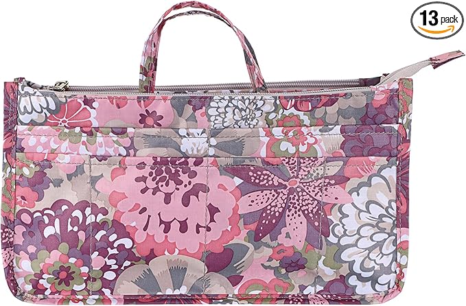 BTSKY Printing Handbag Organizers Inside Purse Insert - High Capacity 13 Pockets Bag Tote Organizer with Handle (Peony)