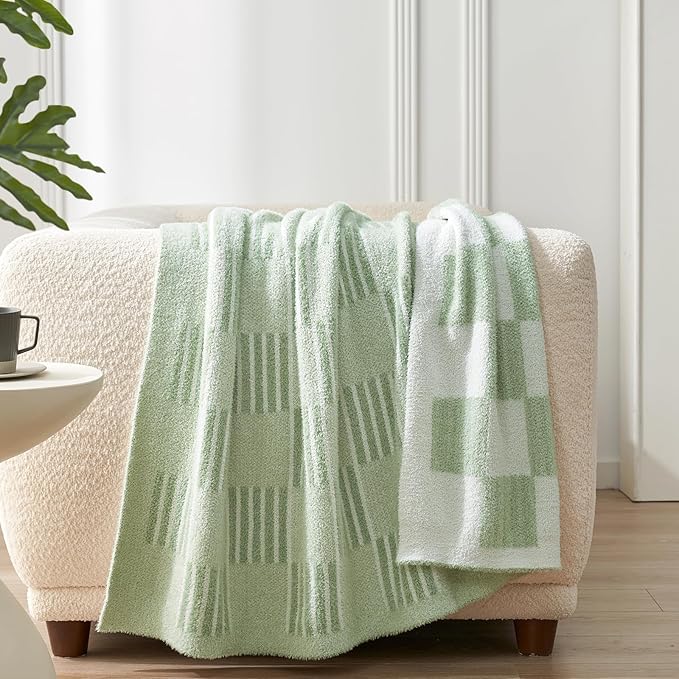 Snuggle Sac Sage Green Checkered Throw Blanket, Super Soft Reversible Cozy Warm Faux Fur Blankets for Couch Bedroom,Cute Lightweight Striped Throws for Women,Heather Sage Green,50x60 inches