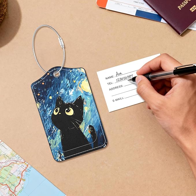 2 Pack PU Leather Luggage Tags for Suitcases, Privacy Protection Cover with Stainless Steel Loop and Address Card, Travel Cruise Essentials (Starry Sky Black Cat)