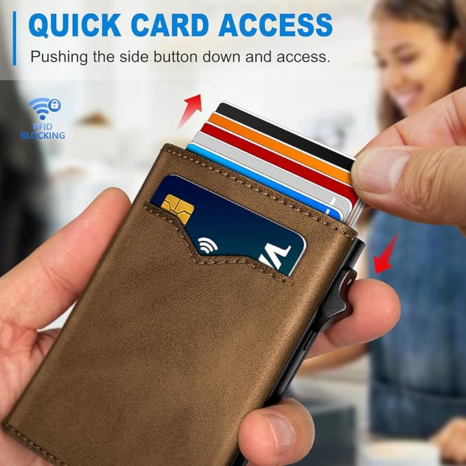 miyozi Wallet for Men,with Cash Pocket 2 ID Window 9-13 Cards,Metal Case Smart Slim Pop Up Credit Card Holder Flip with Magnetic Closure RFID Blocking Trifold wallet with Gift Box