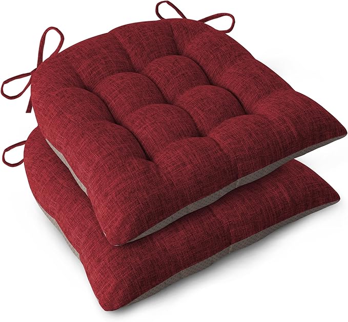 Chair Cushions for Dining Chairs Set of 2 Durable D-Shaped Seat Cushions with Non-Slip Backing Secure Ties Thick Cozy Seat Pad for Kitchen Dining Room Office(18x16.5x3in Burgundy)