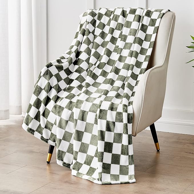 Checkered Blanket Flannel Throw Blankets Soft Cozy Checkered Grid Print Chessboard Gingham Pattern Throws for Bed Sofa Couch for All Seasons, 60x80 Inch, Dark Olive