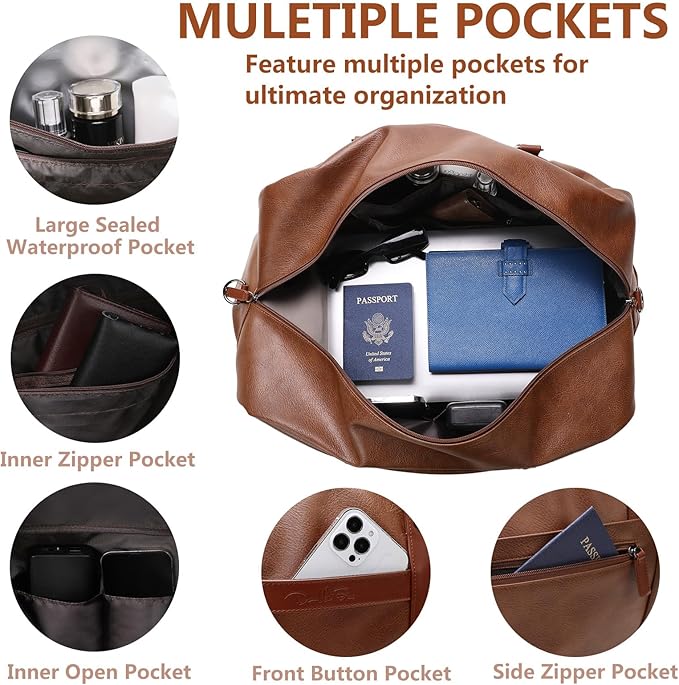Weekender Bag for Women Men, Large Overnight Bag Faux Leather Travel Duffel Bag with Shoe Compartment Toiletry Packing Cube Carry On Bag Fit 21" Laptop 3Pcs Set (4PCS Brown)