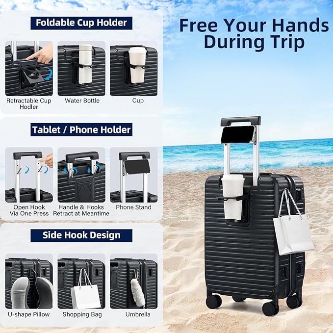 HanTrip 20 Inch Carry on Luggage 22x14x9 Airline Approved Hard Shell Suitcases with Wheels, Top Opening Expandable Carry on Luggage with Cup Holder Small Rolling Suitcase with Lock, Black