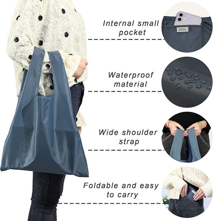 Large Reusable Bags Shopping Washable Foldable 6 Pack Grocery Bags Heavy Duty Lightweight Folding Gift Tote Bags Durable Polyester Gray