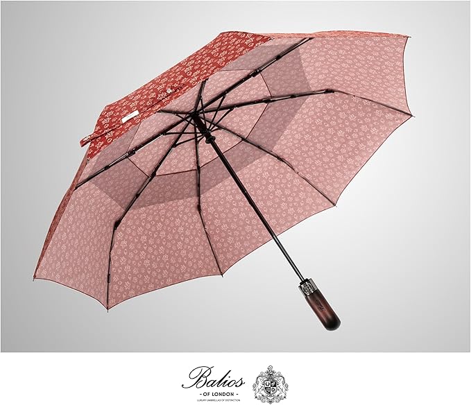 Balios Travel Folding Umbrella with Real Wood Handle Auto Open Close Vented Windproof Canopy - Designed in UK