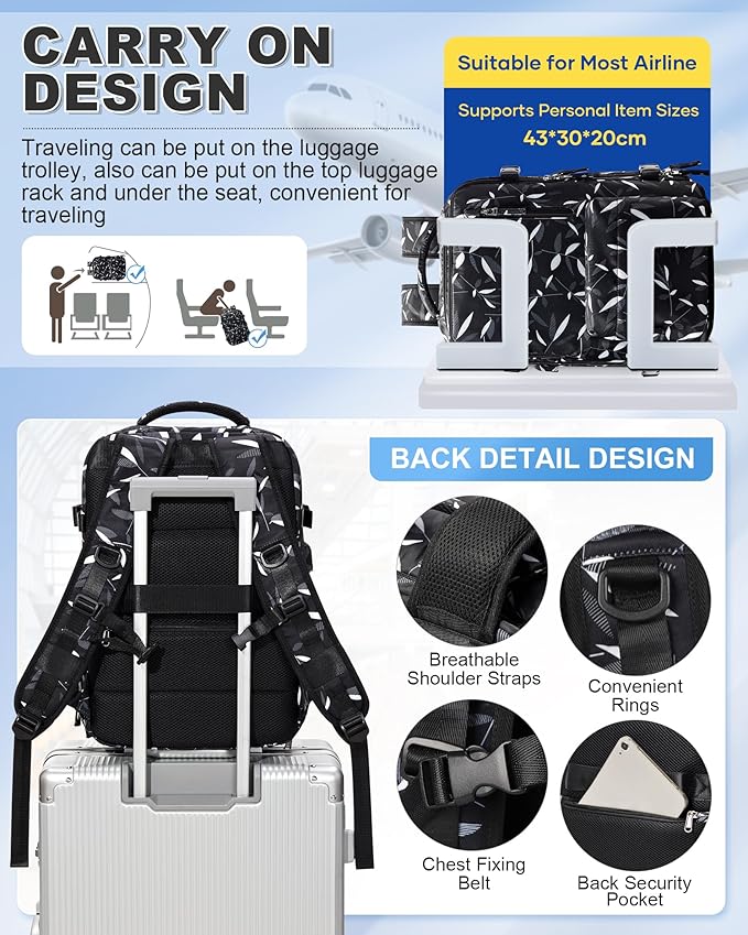 VGCUB Travel Backpack with Vacuum System Carry on 18x14x8 Inches Storage Compression Bags with Electric Pump Work Business Vacpack College Laptop Backpack for Women Men Leafy Black
