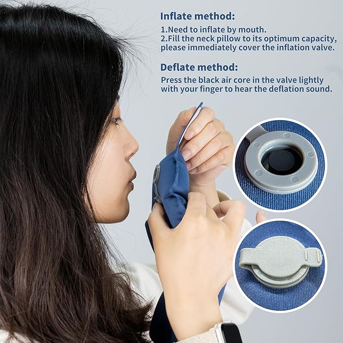 Inflatable Neck Pillow, Travel Pillow for Airplane, Traveling, Office, and Car, Chin Support Neck Relief - Airplane Travel Essentials（Blue