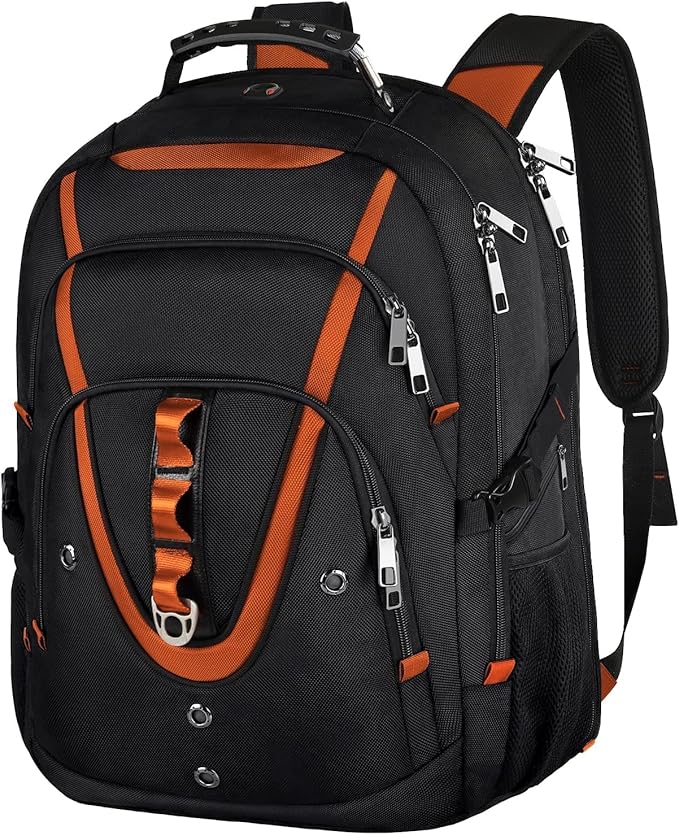 Mogplof 18.4 Laptop Backpack Women Men, 55L-60L Flight Approved Extra Large Travel Backpack RFID Anti Theft and TSA Friendly Backpack, Water Resistant College School Heavy Duty, Orange