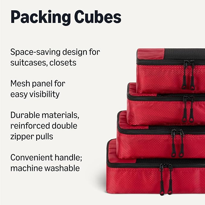 Amazon Essentials 4-Piece Space-Saving Packing Cubes Travel Accessories Set, Luggage Organizer with Double Zipper, Mesh Top, Small, Red (Previously Amazon Basics)