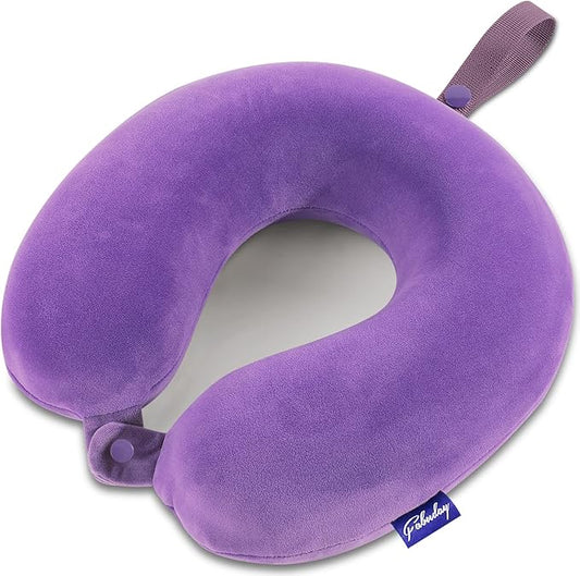 Neck Pillow for Travel Memory Foam - Airplane Pillows for Sleeping with Attachable Snap Strap Soft Washable Cover, Flight Pillow for Traveling, Car, Home, Provide Head Neck Support Rest Purple