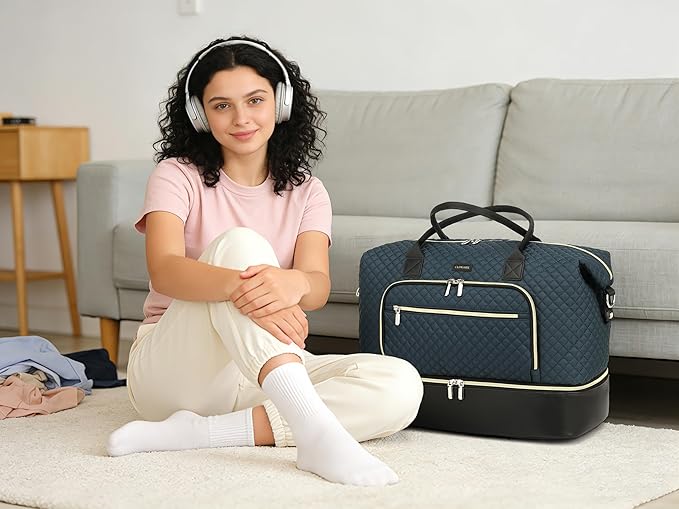 Duffle Bag for Women Travel, Weekender Bag Overnight Bag with Shoe Compartment, Carry on Bag with Crossbody Purse for Over Night, Weekend, Yoga, Gym, Business Trips, Hospital, PeacockBlue Black