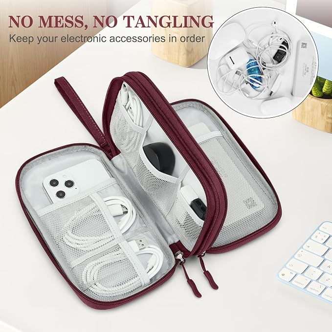 FYY Electronic Organizer, Travel Cable Organizer Bag Pouch Electronic Accessories Carry Case Portable Waterproof Double Layers Storage Bag for Cable, Charger, Phone, Earphone, Medium Size, Wine Red