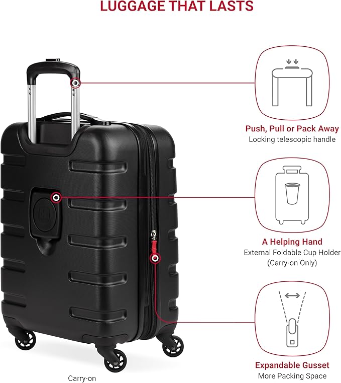 SwissGear 7366 Signature Hardside Expandable Luggage with Spinner Wheels, TSA Lock, Cup-Holder, Black, 2-Piece Set (19/27)