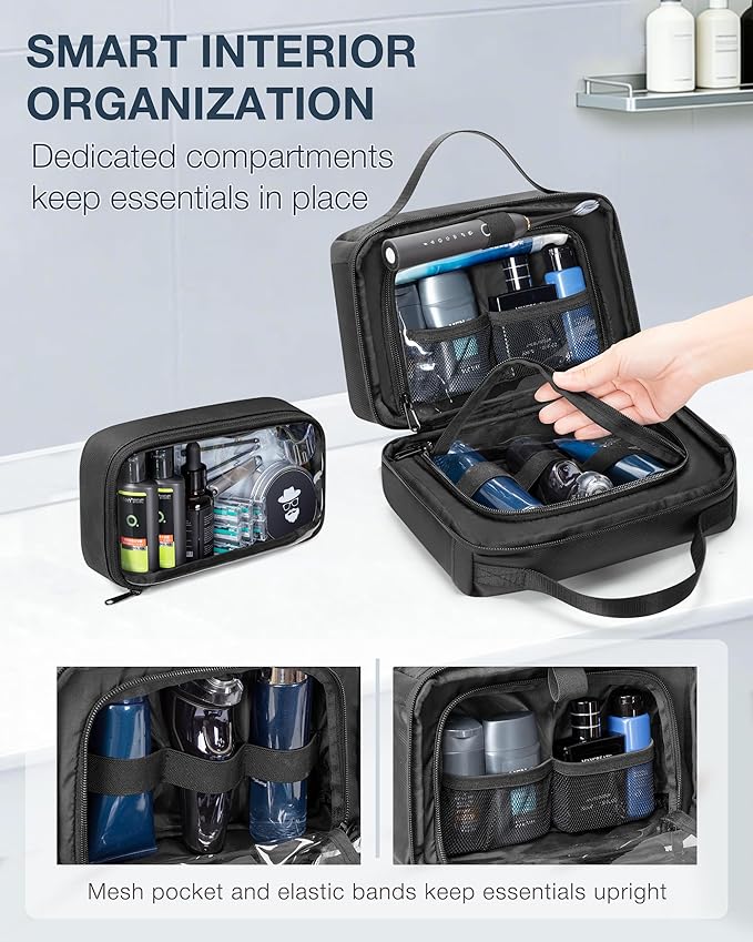 Toiletry Bag with Travel Cube, Mens Water-Resistant Hygiene Bag, Versatile Organizer for Shaving Accessories, Bathroom and Shower Essentials, Black