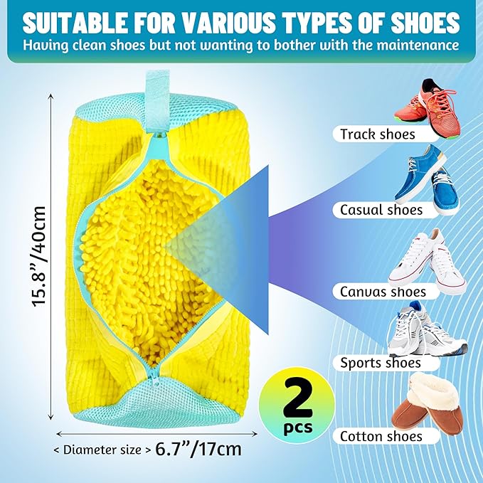 Set of 2 Reusable Shoe Laundry Bags, 360° Deep Clean, Noise-Reducing Sneaker Washing Bags for Machine Wash, Protect Shoes & Washer Drum, Anti-Skid Zipper, Durable Chenille Interior