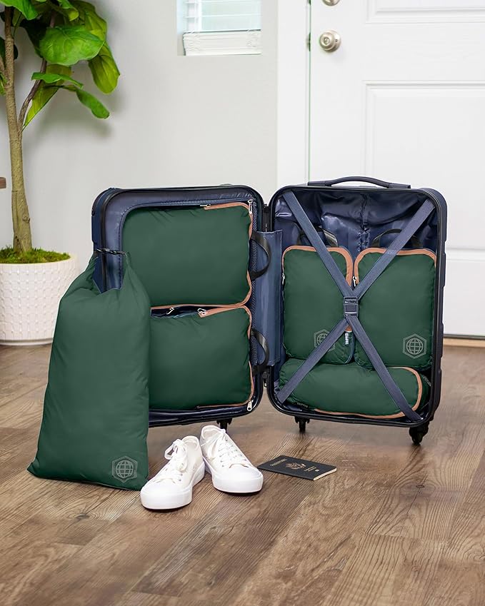 Compression Packing Cubes 6 Piece Set for Carryon Suitcases- Lightweight, Durable Clothes Organizer (Green and Brown)