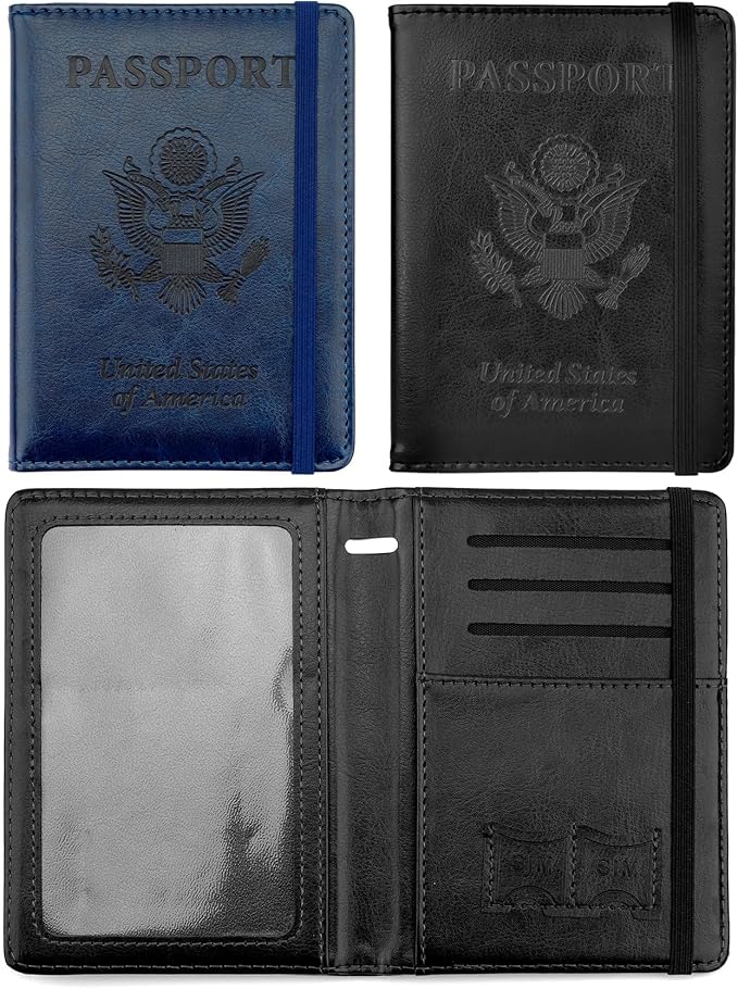 Passport Holder for Travel, 2 Pack Passport Cover, Waterproof Passport Wallet Leather Passport Holder Pen Holder Passport Holders for Women Men Family Travel Must Haves Essentials, Black+Navy Blue