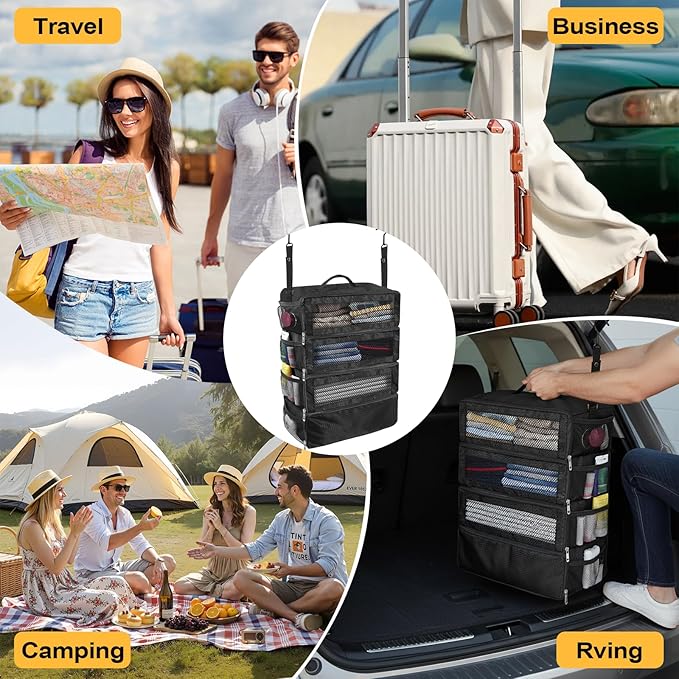 Suitcase Organizer, Travel Luggage Organizer Portable Hanging Travel Shelves Collapsible Hanging Packing Cubes for Carry on Suitcase with 5 Medium Vacuum Storage Bags and Hand Pump,Black