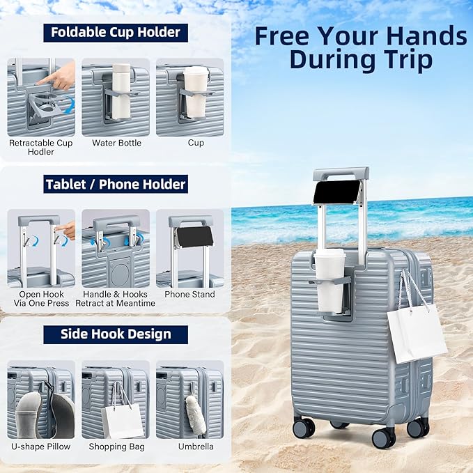 20 Inch Carry on Luggage 22x14x9 Airline Approved Hard Shell Suitcases with Wheels, Top Opening Expandable Carry on Luggage with Cup Holder Small Rolling Suitcase with Lock, Silver