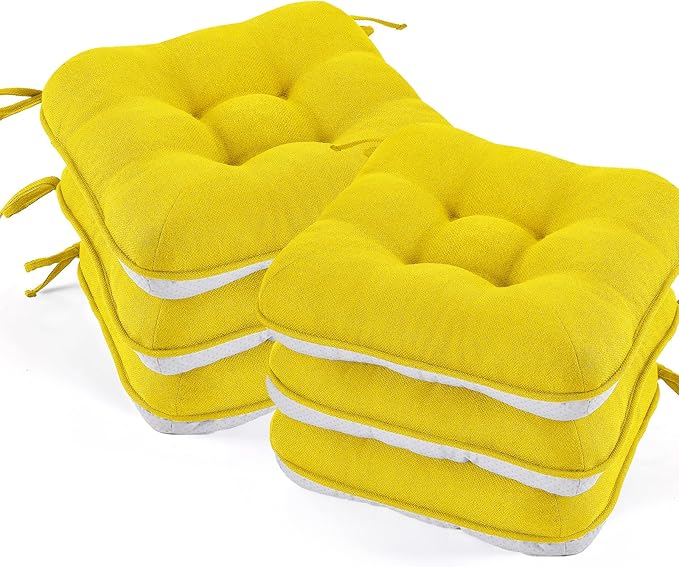 BETU Chair Cushions for Dining Chairs Set of 6,3.5" Thick Kitchen Table Chair Pads with Ties,Non Slip Backing and Covers, Seat Cushion for Dining Room,Bar,Patio Chairs,16"X16"X3.5",Gold