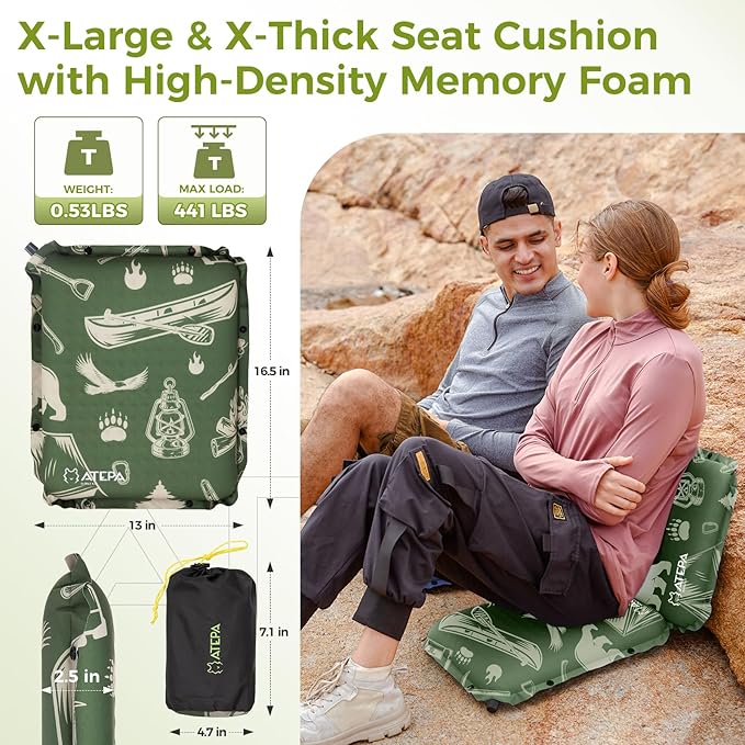 ATEPA Inflatable Seat Cushion, Self-Inflating Portable Stadium Airplane Travel Foam Cushion Pad for Camping, Sports Events, Outdoor