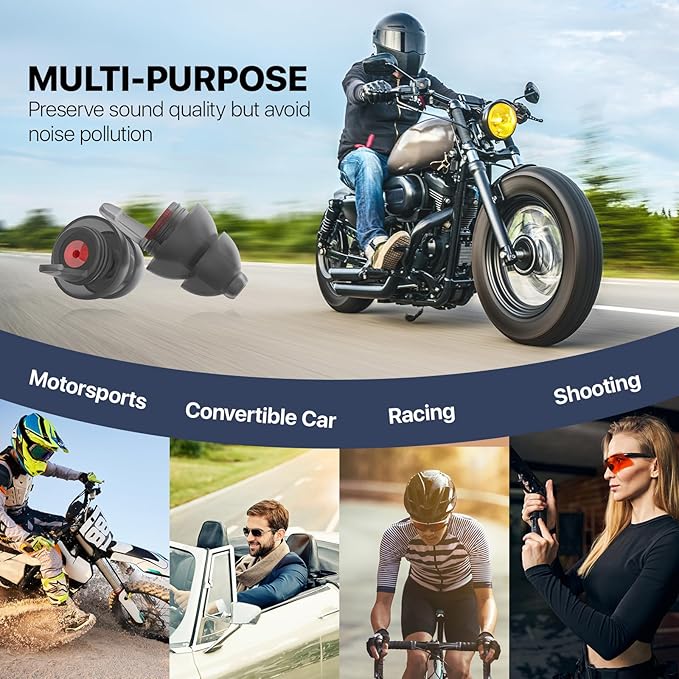 Motorcycle Ear Plugs 2 Pairs, Wind Noise Reduction & Prevent Hearing Damage, Comfortable Reusable Earplugs for Motorsports, Touring, Racing, Riding, Shooting, 2 Sizes Fit All Ear-Canal, 25 dB Earbuds