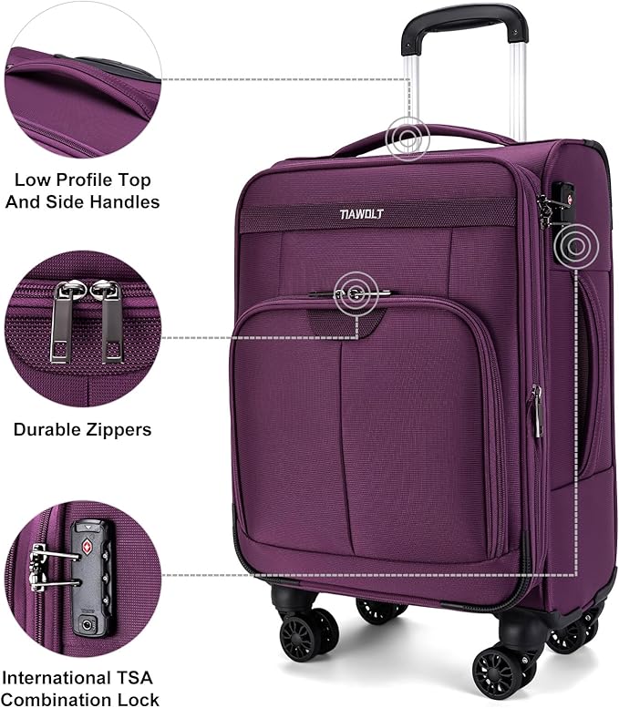 Carry on Suitcase 22x14x9 Airline Approved,20 inch Lightweight Suitcases with 360° silent swivel wheels, TSA Lock and Compartment, Large Capacity travel Suitcase-Purple