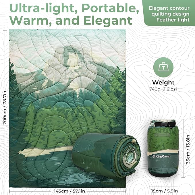 KingCamp Ultralight Camping Blanket, Packable Down Alternative Puffy Printed Wearable Blanket with Snap Buttons & Corner Loops Weatherproof Quilt for Outdoor Travel Stadium (78.7"L x 57.1"W, GREEN)