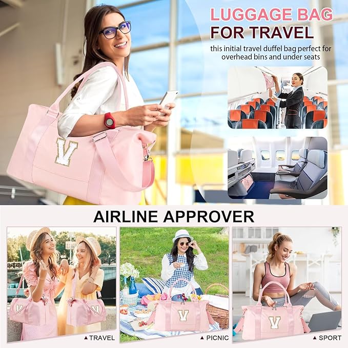 Dance Gym Duffel Bag for Teen Girls, Personalized Initial Travel Weekender Bag,Cute Overnight Carry On Duffle for Women,Sports Travel Cheer Bag,Monogram Christmas Gifts for Tween Preppy(pink-V)