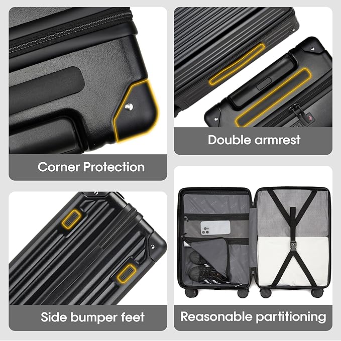 20 Inch Carry On Luggage,22x14x9 Airline Approved Hardside Suitcase with 8 Spinner Wheels and TSA Lock, Lightweight PC+ABS Hard Shell Travel Luggage for Men and Women (Black)