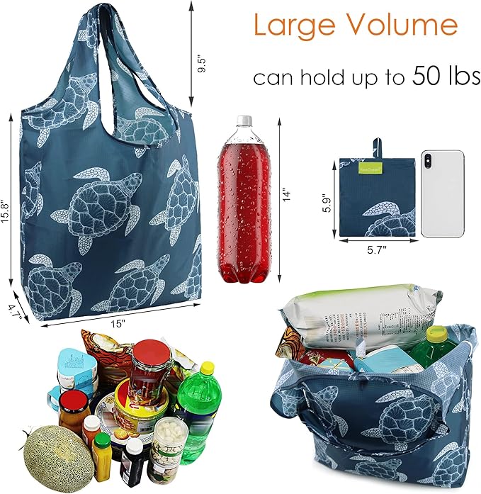 BeeGreen Animal Reusable Shopping Bags Cute Grocery Bag 6 Pack, Christmas Gift Bags Heavy-Duty Foldable Shopping Totes for Supermarket, Work & Travel, Large Washable Polyester Tote Bag with Handles