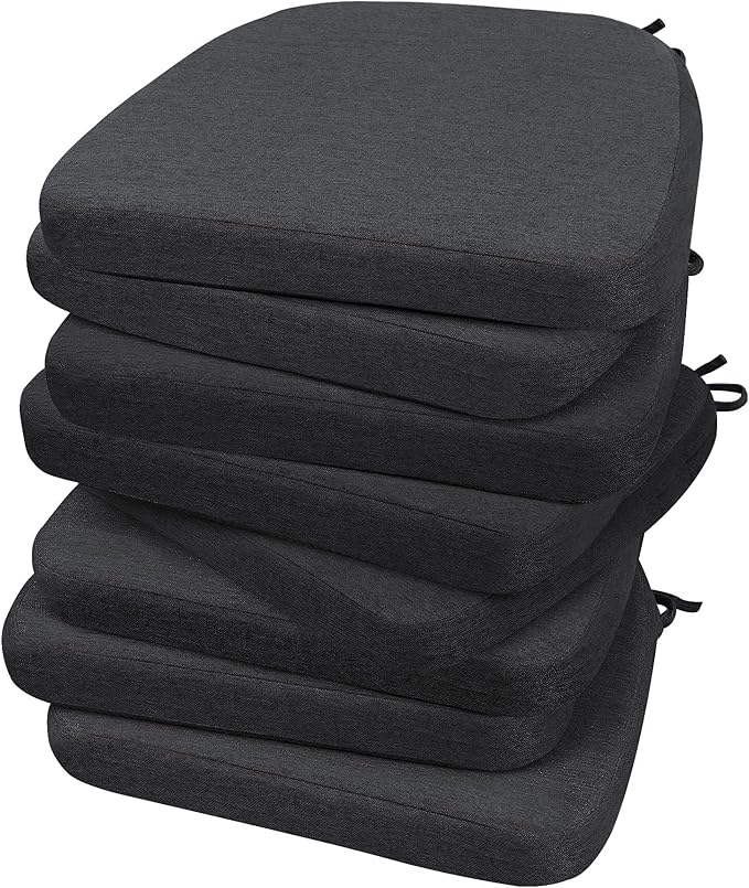 AAAAAcessories D-Shaped Chair Cushions, 2" Thick Dining Chair Pads with Ties and Removable, Machine-Washable Cover, 17" x 16", Set of 8, Dark Grey