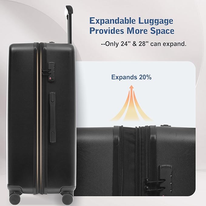 Merax Luggage Sets 5 Piece,Front Open Hardshell Expandable Suitcase with Spinner Wheels and Duffel Bags,Lightweight Carry on Luggage with USB Port,20/24/28IN,Black