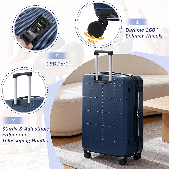 Merax Luggage Sets,5 Piece Front Half-open Hardshell Expandable Suitcase Set with Spinner Wheels and Duffel Bags,Lightweight Carry on Luggage with USB Port,20/24/28IN,Blue-1