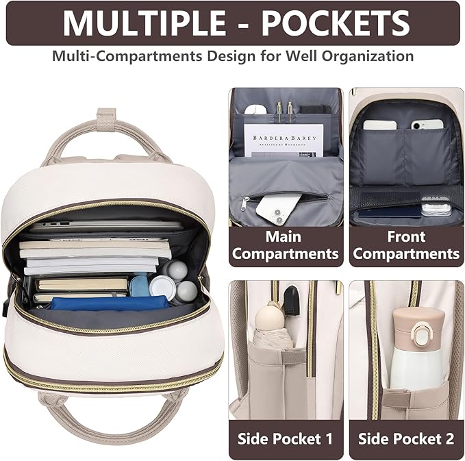 Laptop Backpack for Women Work Bag - 15.6 inch Travel Backpack Purse with USB Charger College Bookbag Waterproof Cute Casual Daypack Fashion Business Computer Backpacks for Teacher Nurse Beige Nude